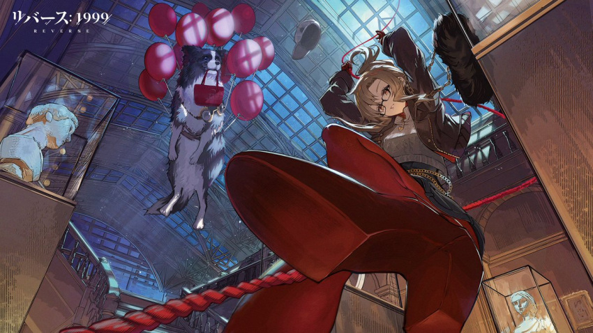1girl, bag, balloon, black-framed_eyewear, boots, border_collie, brown_eyes, brown_hair