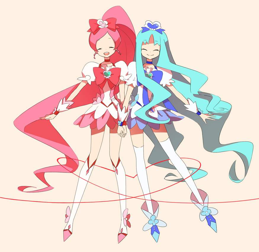 artist_request, blue_hair, boots, bow, closed_eyes, cure_blossom, cure_marine, futari_wa_precure