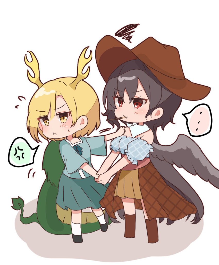 2girls, antlers, black_hair, black_wings, blonde_hair, blue_shirt, cowboy_hat, dragon_girl, dragon_horns, dragon_tail, hat, highres, horns, kicchou_yachie, kitsunegi0891, kurokoma_saki, multiple_girls, off-shoulder_shirt, off_shoulder, pegasus_wings, shirt, tail, touhou, wings, yellow_horns