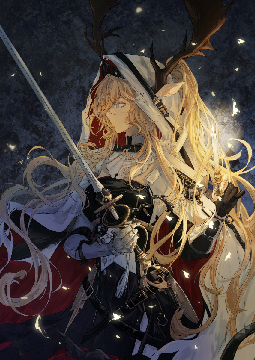 0099102419, 1girl, absurdres, animal_ears, antlers, antlers_through_hood, arknights, black_dress, black_gloves, blonde_hair, blue_eyes, can, cape, cowboy_shot, deer_antlers, deer_ears, deer_girl, dress, ears_through_hood, fingerless_gloves, fire, gauntlets, gloves, hair_through_hood, hands_up, highres, holding, holding_can, holding_sword, holding_weapon, hood, hood_up, hooded_cape, long_hair, procreate_(medium), profile, solo, sword, viviana_(arknights), weapon