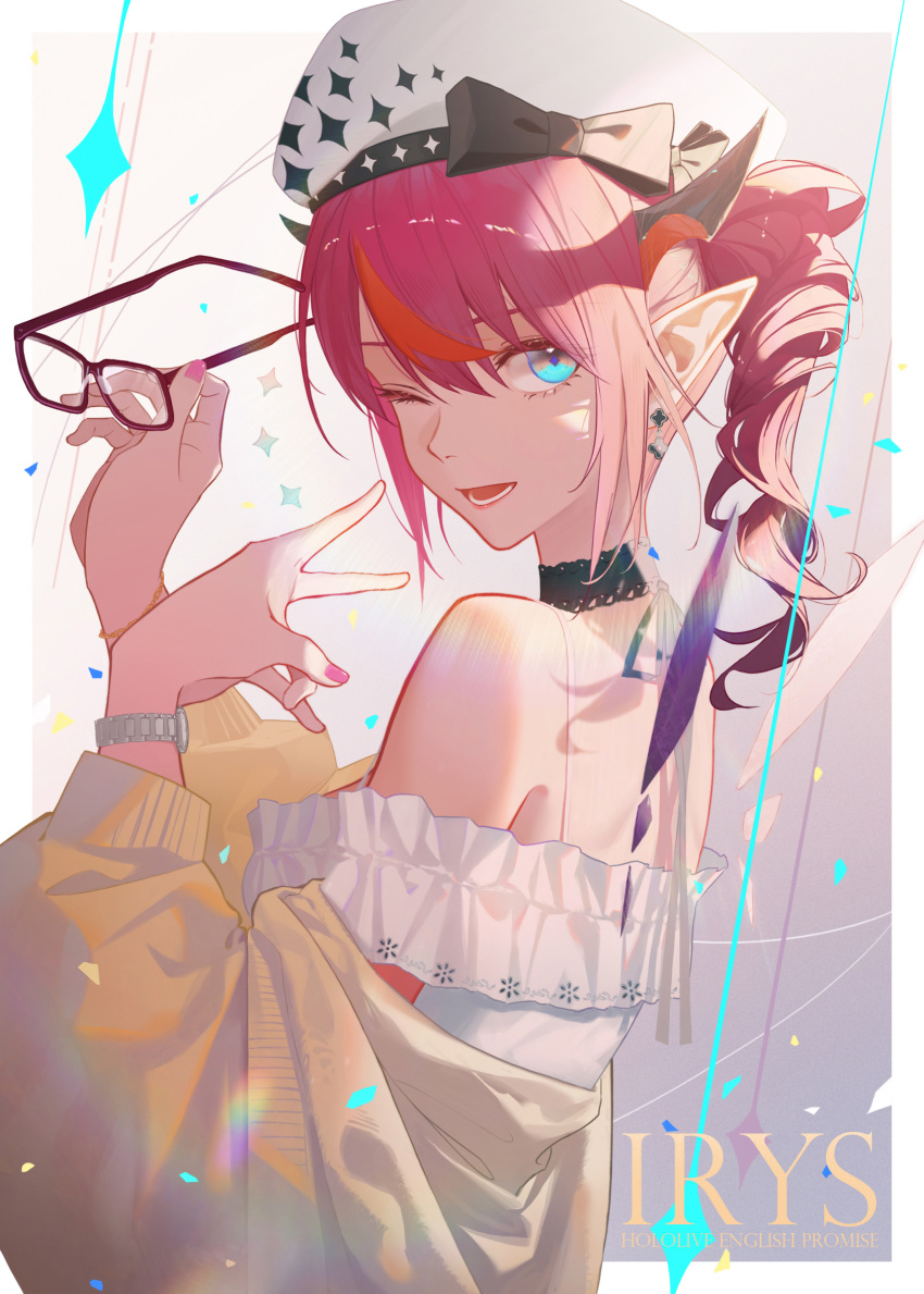 1girl, blue_eyes, breasts, detached_collar, dress, earrings, glasses, highres, hololive, hololive_english, horns, irys_(casualrys)_(hololive), irys_(hololive), jewelry, medium_hair, multicolored_hair, nail_polish, official_alternate_costume, one_eye_closed, pink_eyes, pink_nails, pointy_ears, purple_hair, redhead, reirz, smile, v, virtual_youtuber, watch, watch
