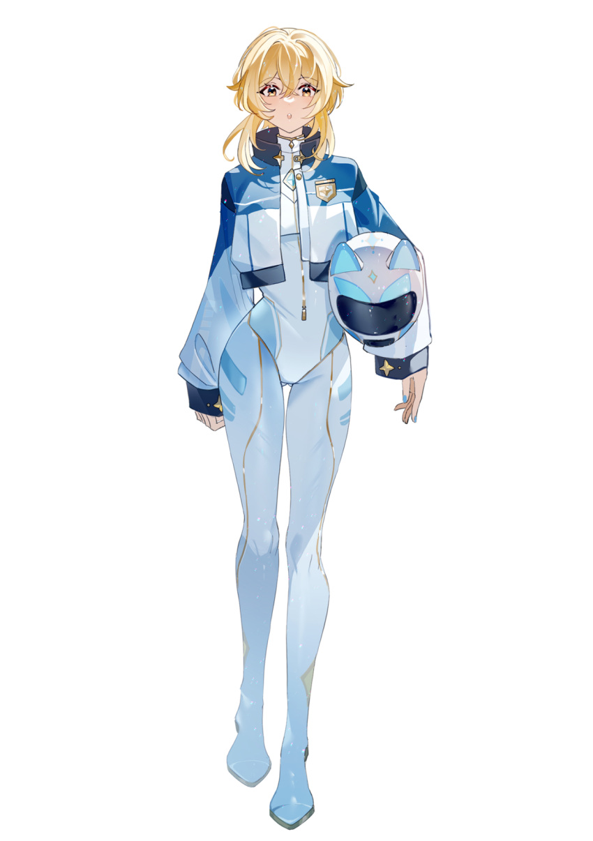 1girl, blonde_hair, bodysuit, commentary_request, full_body, genshin_impact, hair_between_eyes, helmet, highres, jacket, long_sleeves, looking_at_viewer, lumine_(genshin_impact), medium_hair, open_mouth, simple_background, skin_tight, solo, standing, white_background, white_bodysuit, white_jacket, yaner_10, yellow_eyes