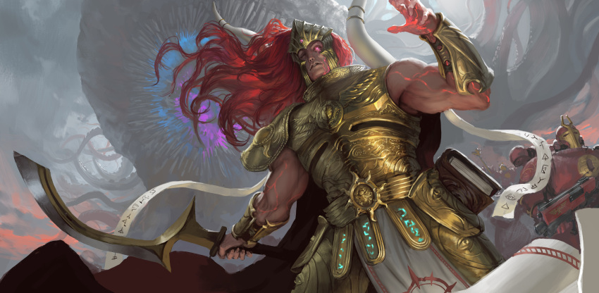 3boys, absurdres, armor, blade_of_ahn_nunurta, breastplate, cape, colored_skin, full_armor, gauntlets, glowing, gold_armor, highres, holding, holding_weapon, horns, long_hair, magnus_the_red, multiple_boys, one-eyed, ornate, ornate_armor, ornate_weapon, pauldrons, polearm, power_armor, primarch, red_armor, red_skin, redhead, shoulder_armor, sundowning, thousand_sons, warhammer_40k, weapon