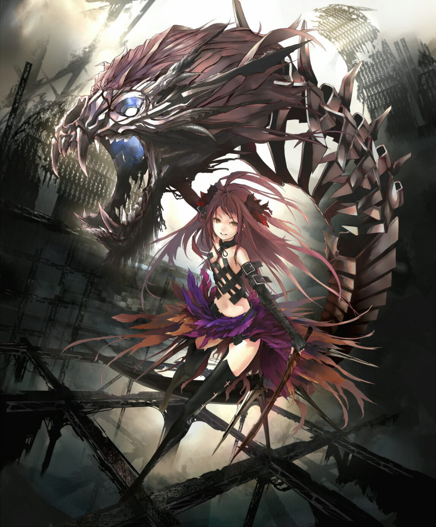 boots, cybele_(lord_of_vermilion), dual_wielding, elbow_gloves, feathers, gloves, hair_ornament, highres, legs, long_hair, lord_of_vermilion, monster, nil, pink_hair, sword, thigh-highs, thigh_boots, thighhighs, weapon, yellow_eyes