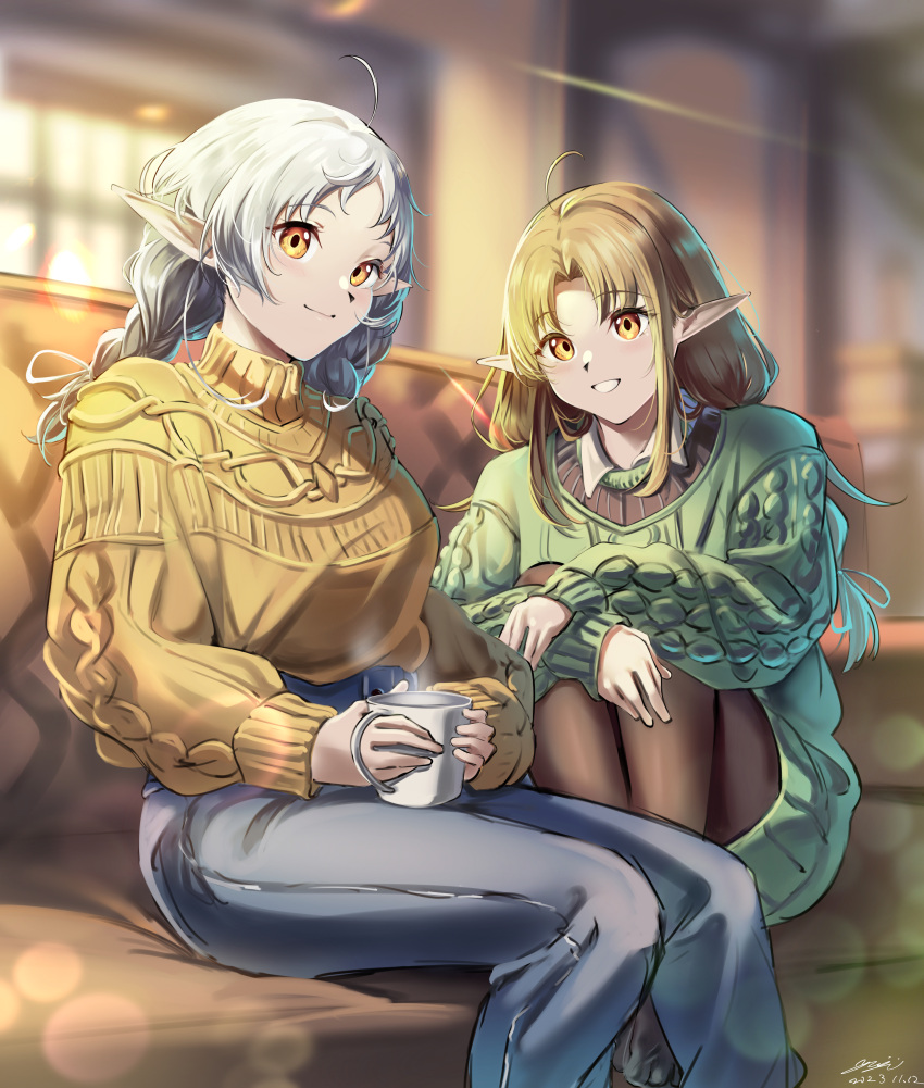 2girls, absurdres, aged_up, ahoge, blonde_hair, braid, breasts, collared_shirt