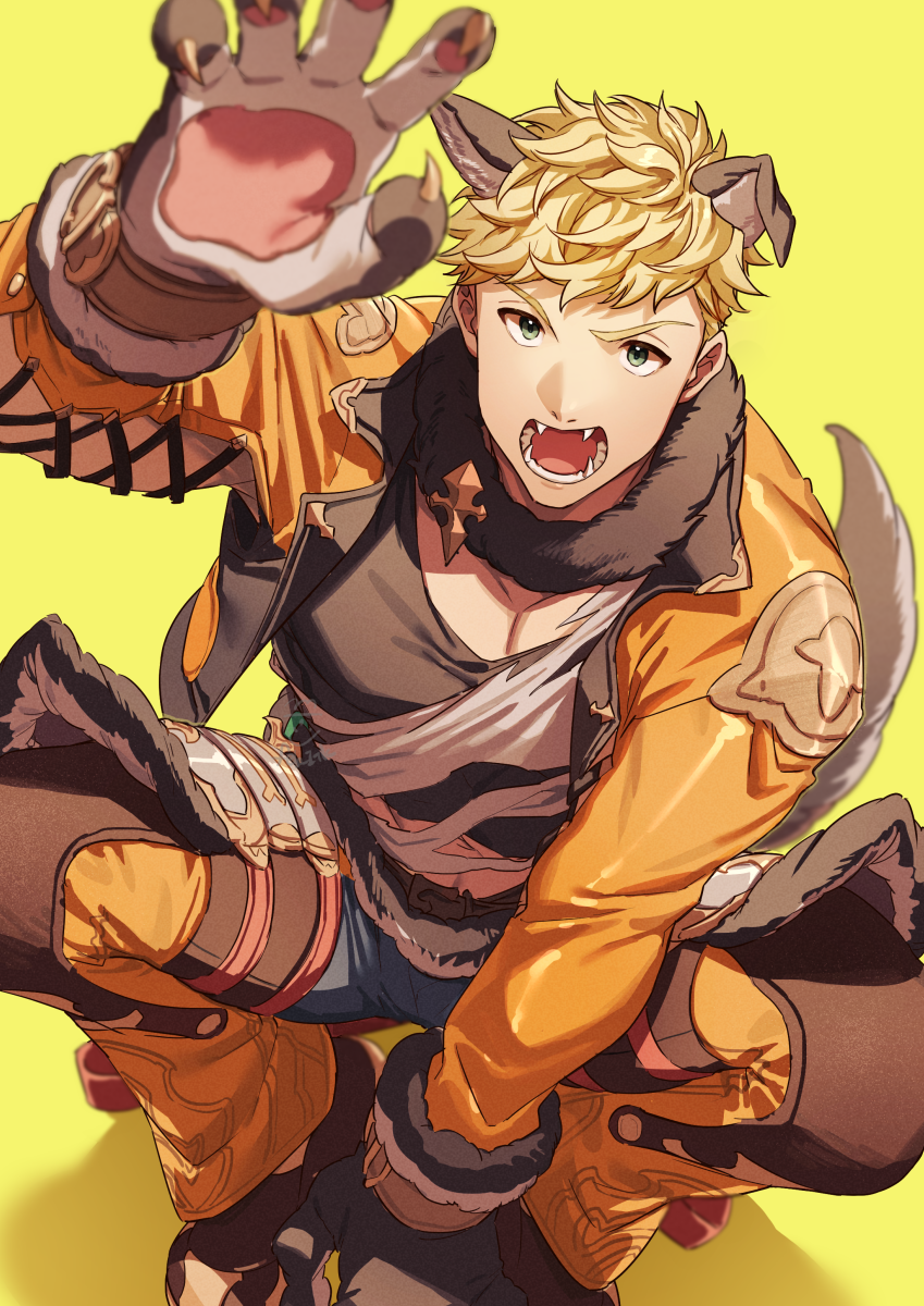 1boy, animal_ears, black_tank_top, blonde_hair, cropped_jacket, fangs, feb_itk, fur_collar
