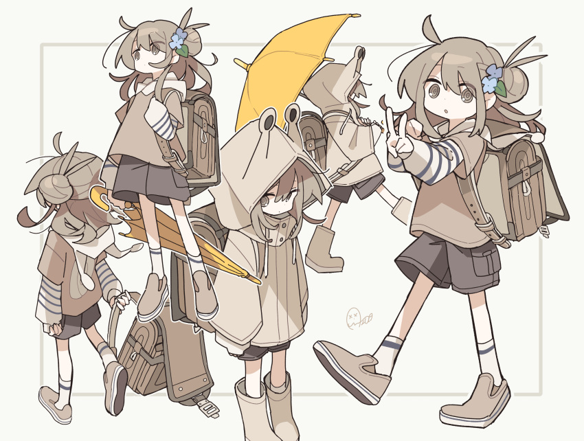 1girl, aida_(aidia), animal_hood, backpack, bag, blue_flower, boots, brown_background