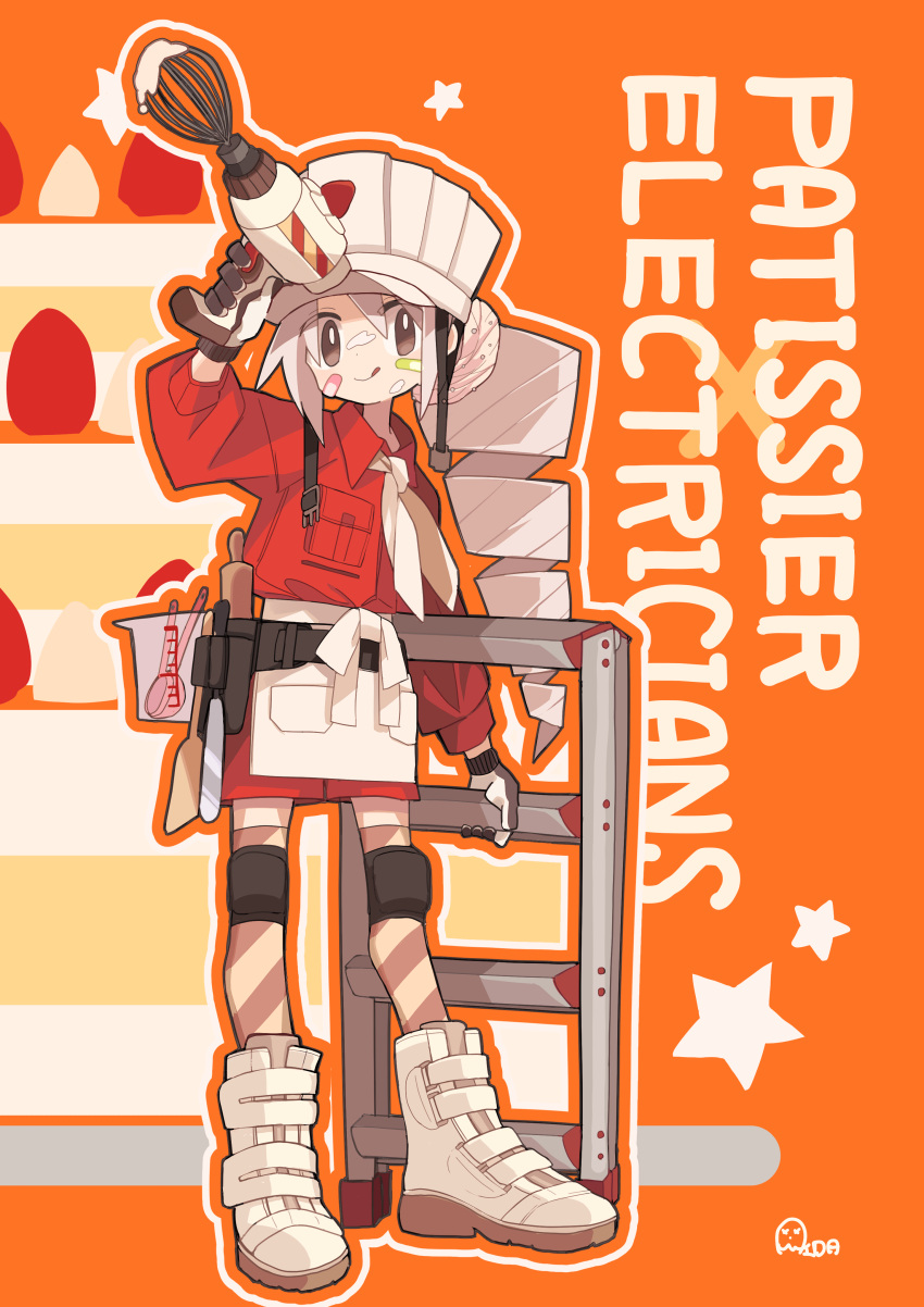 1girl, :q, absurdres, aida_(aidia), apron, arm_up, bandaid, bandaid_on_cheek