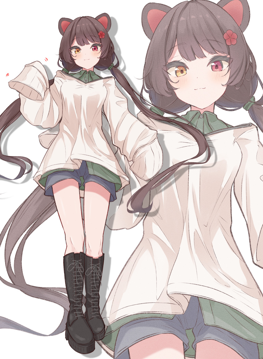 1girl, absurdres, animal_ears, black_footwear, black_hair, blue_shorts, blush, boots