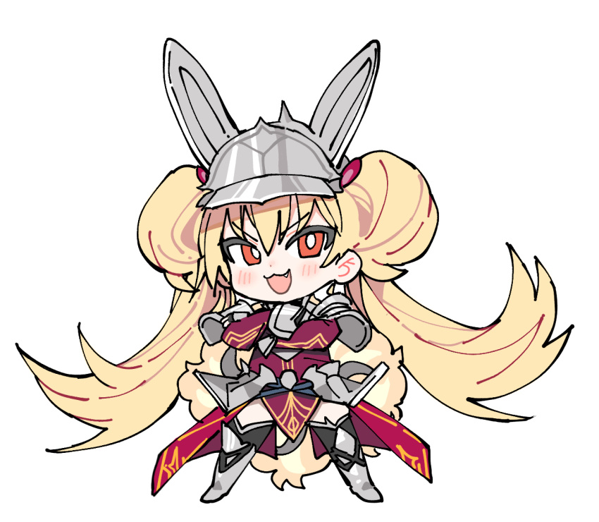 1girl, armor, blonde_hair, blush, breastplate, centurion_primera, chibi, crossed_arms