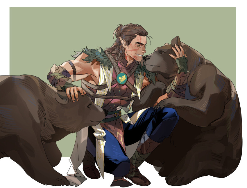 1boy, absurdres, affectionate, baldur's_gate, baldur's_gate_3, bear, brown_hair, dark-skinned_male
