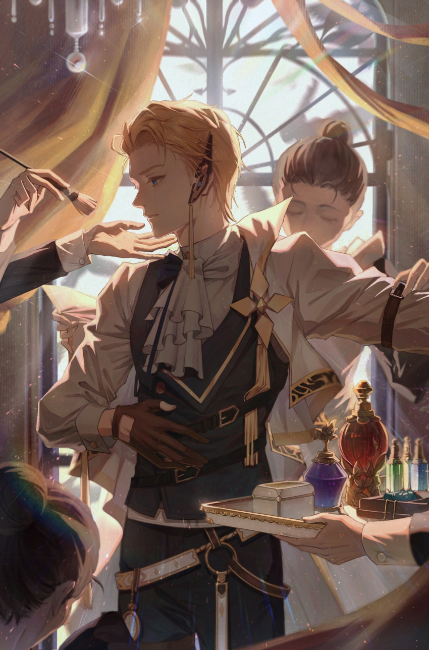 1boy, 2girls, 2others, applying_makeup, ascot, black_pants, blonde_hair, blue_eyes