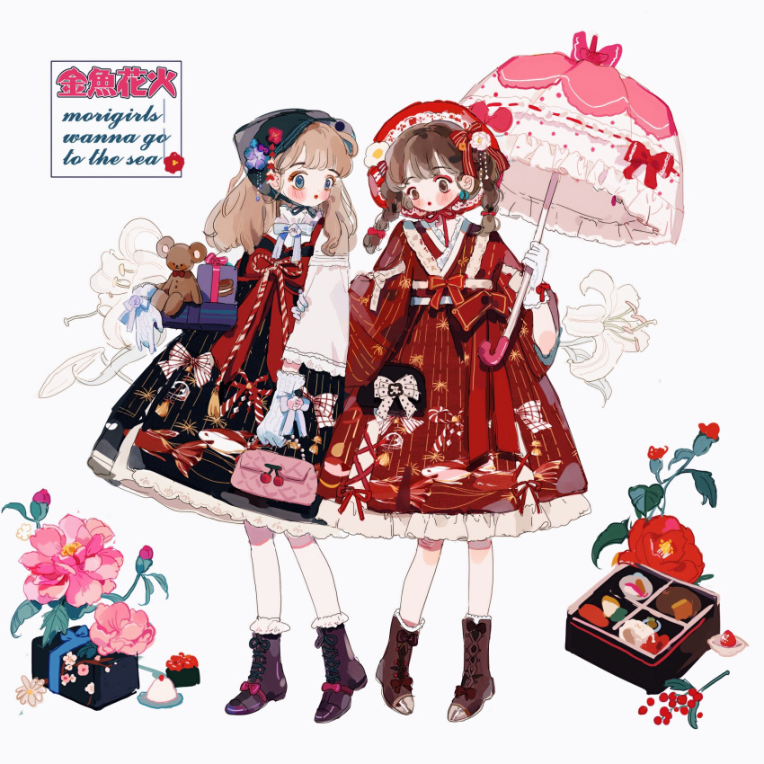 2girls, :o, animal_print, ankle_socks, bag, beads, black_bow, black_dress
