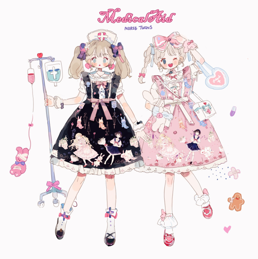 2girls, :o, animal_print, ankle_cuffs, ankle_socks, asymmetrical_footwear, bag, bandages, bandaid, black_bow, black_dress, black_footwear, blonde_hair, blue_bag, blue_bow, blue_eyes, blue_gloves, blunt_bangs, blush_stickers, bow, bow_choker, bow_legwear, braid, buttons, center_frills, choker, cross, cross-laced_footwear, dress, english_text, eyelashes, eyepatch, eyeshadow, fingernails, first_aid_kit, frilled_bow, frilled_hat, frills, full_body, gingerbread_man, gloves, hair_bow, hair_ornament, hand_on_own_head, handbag, hat, heart, heart-shaped_bag, high_heels, highres, holding, holding_pole, holding_stuffed_toy, intravenous_drip, lace-trimmed_dress, lace-trimmed_gloves, lace-trimmed_sleeves, lace-trimmed_wrist_cuffs, lace_trim, lolita_fashion, long_hair, looking_at_viewer, makeup, mary_janes, medium_dress, mismatched_footwear, multiple_girls, multiple_hair_bows, nurse_cap, one_eye_closed, open_mouth, original, parted_lips, pill, pink_bow, pink_choker, pink_dress, pink_eyeshadow, pink_wrist_cuffs, pole, puffy_short_sleeves, puffy_sleeves, pumps, purple_bow, putong_xiao_gou, rabbit_hair_ornament, rabbit_print, red_eyeshadow, red_footwear, red_lips, shirt, shoes, short_sleeves, shoulder_bag, siblings, single_glove, single_wrist_cuff, sleeve_bow, sleeveless, sleeveless_dress, smile, socks, space_print, starry_sky_print, straight-on, stuffed_animal, stuffed_rabbit, stuffed_toy, teeth, twin_braids, twins, twintails, upper_teeth_only, waist_bow, white_background, white_bow, white_headwear, white_shirt, white_socks, white_wrist_cuffs, wrist_bow, wrist_cuffs