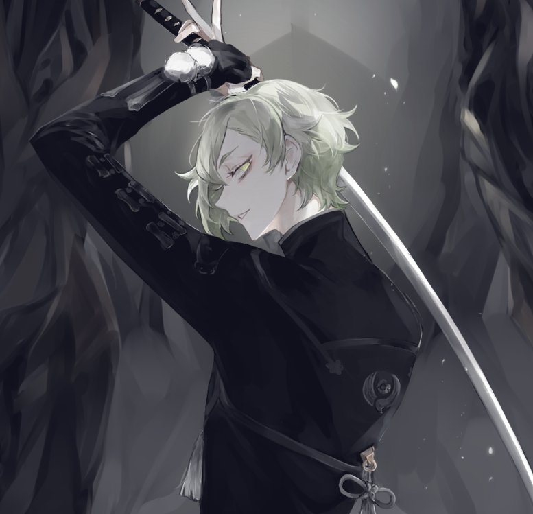 1boy, armor, black_shirt, black_theme, from_behind, green_eyes, green_hair, ha_yasen