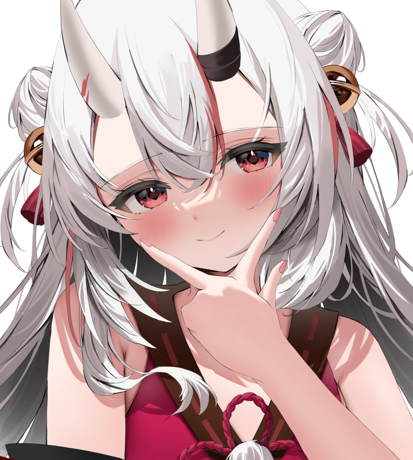 1girl, absurdres, bell, blush, double_bun, grey_hair, hair_bell, hair_bun, hair_ornament, highres, hololive, horns, japanese_clothes, kaede_nekoshima, kimono, long_hair, looking_at_viewer, multicolored_hair, nail_polish, nakiri_ayame, nakiri_ayame_(1st_costume), oni, oni_horns, pink_nails, red_eyes, red_kimono, redhead, sleeveless, sleeveless_kimono, smile, solo, streaked_hair, two_side_up, v, virtual_youtuber