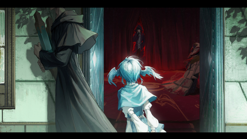 1girl, 2boys, absurdres, amon_(ff14), arms_behind_back, bird_wings, black_capelet, black_robe