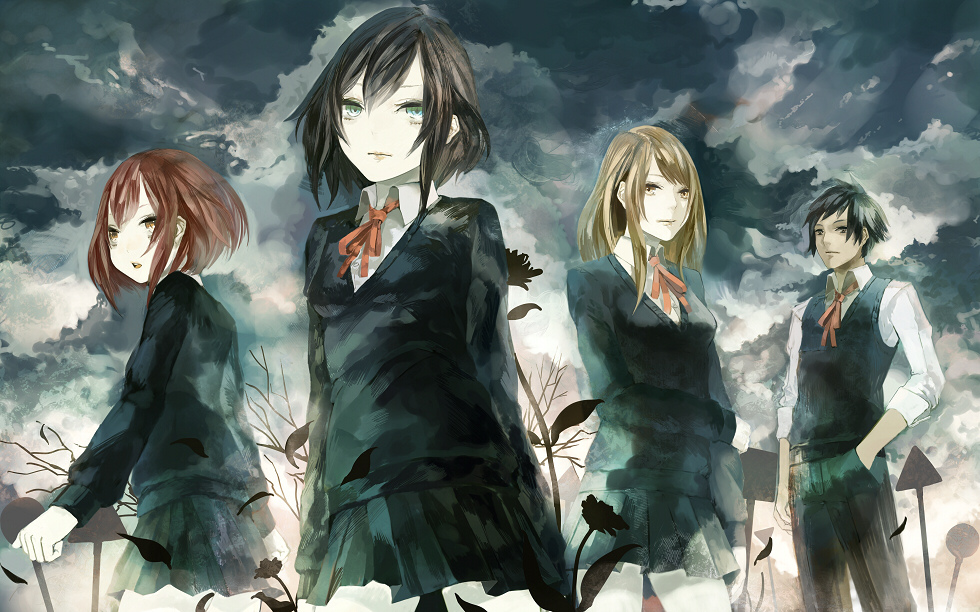 :o, arm_grab, black_hair, blonde_hair, brown_eyes, brown_hair, cardigan, cloud