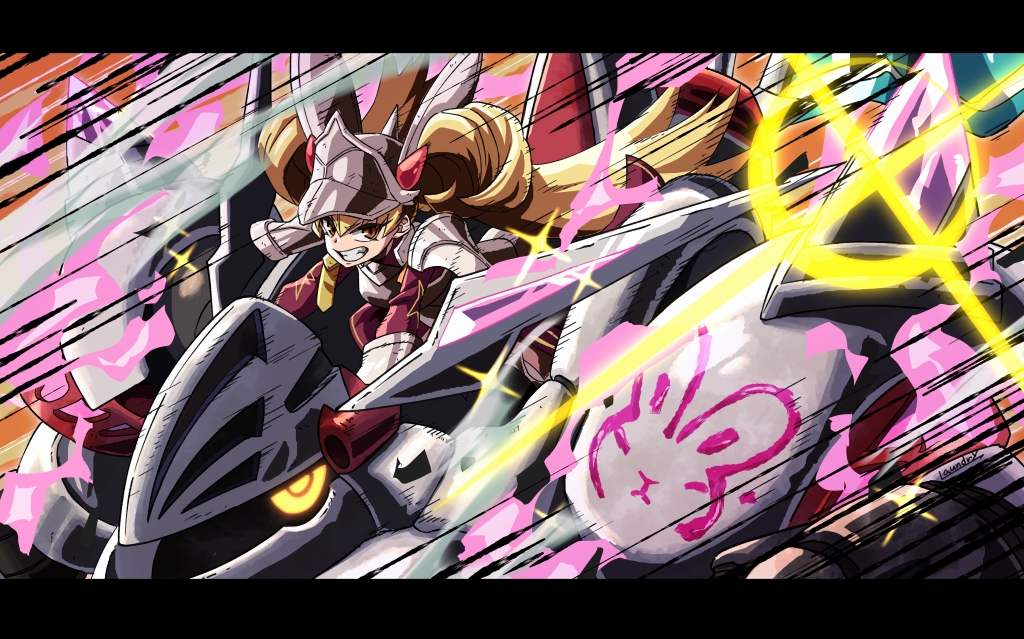 1girl, armor, blonde_hair, breastplate, brown_eyes, centurion_emet_vi, centurion_primera, duel_monster