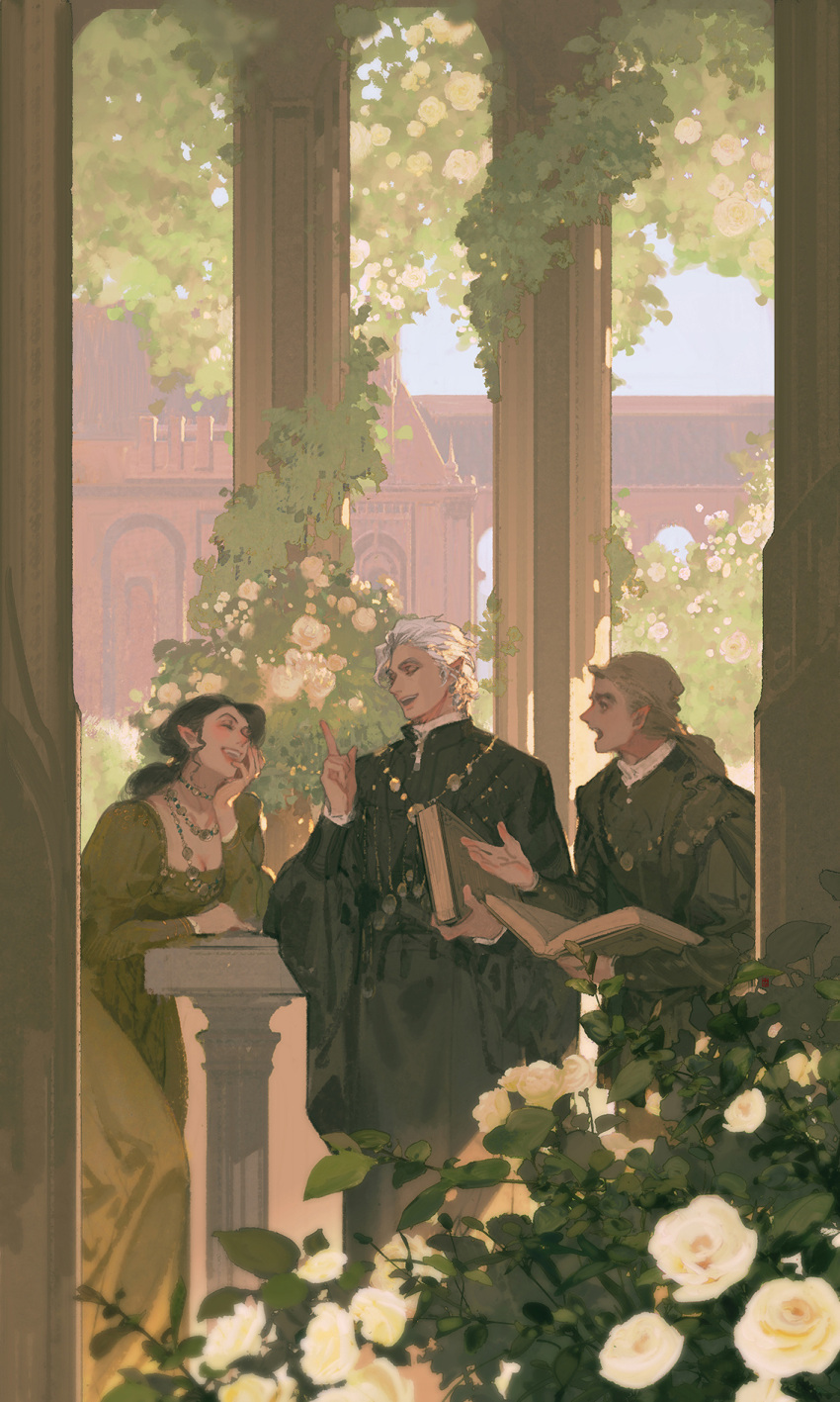 1girl, 2boys, ^_^, alternate_costume, arm_rest, astarion_(baldur's_gate), baldur's_gate, baldur's_gate_3