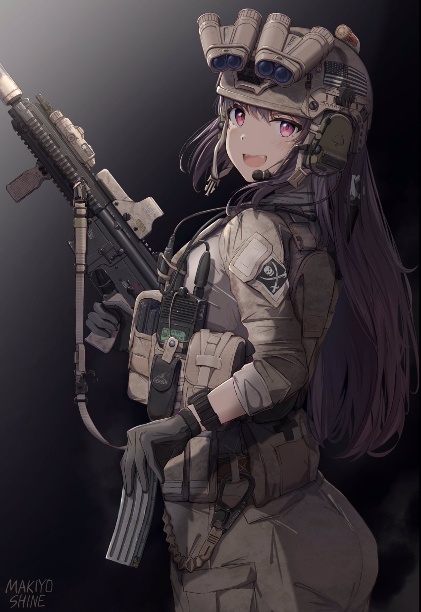 1girl, american_flag, artist_name, ass, assault_rifle, black_background, black_gloves, camouflage