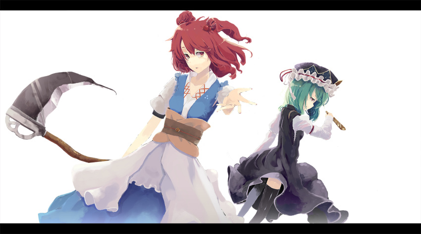 backlighting, beckon, black_legwear, ebra_hem, foreshortening, green_hair, hair_bobbles, hair_ornament