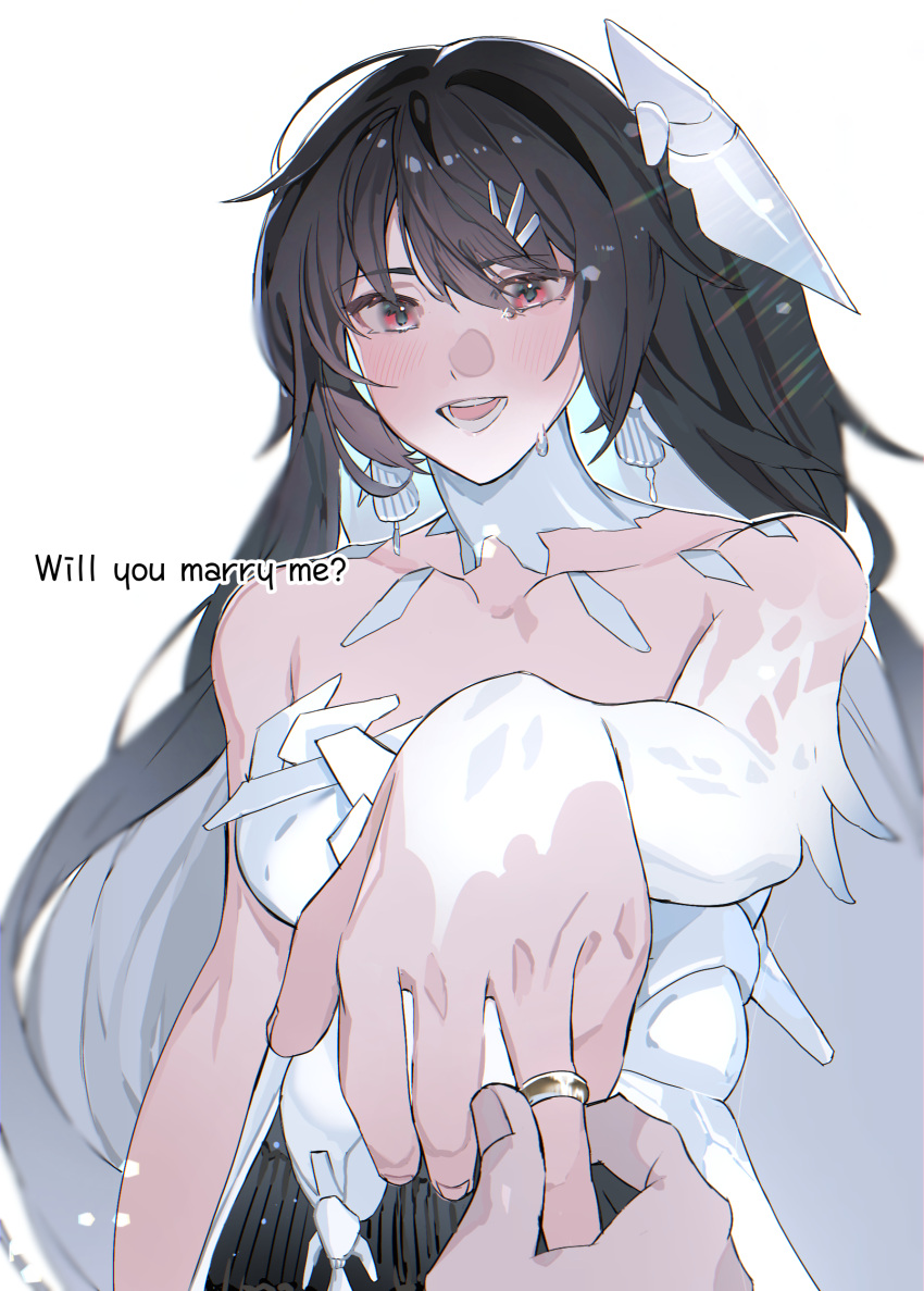 1girl, absurdres, bare_shoulders, black_hair, colored_inner_hair, dress, earrings, elbow_gloves