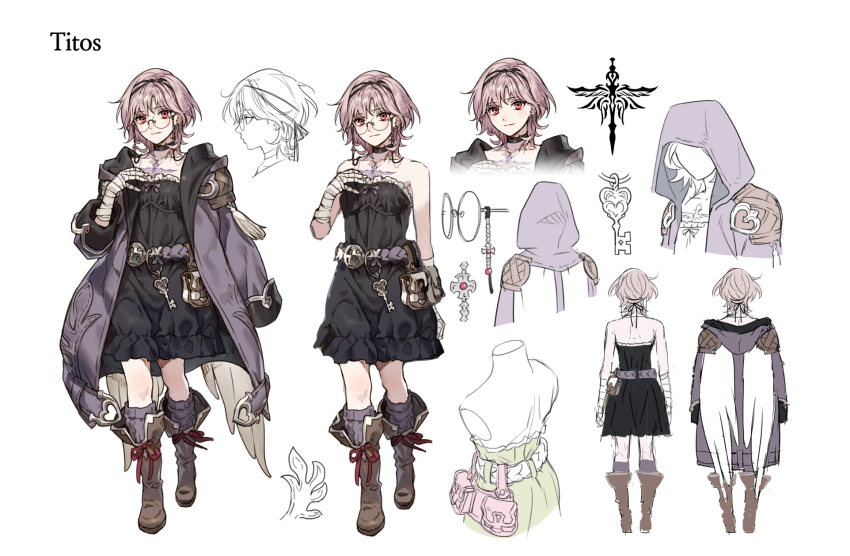 1girl, back, bandaged_arm, bandaged_hand, bandages, bare_arms, bare_shoulders, belt, belt_pouch, black_choker, black_coat, black_dress, boots, brown_footwear, chest_tattoo, choker, closed_mouth, coat, collarbone, commentary, cropped_shoulders, cropped_torso, cross, cross_moline, cross_patty, dress, earrings, eyewear_strap, facing_away, frilled_dress, frills, from_behind, from_side, full_body, glasses, grey_belt, grey_hair, grey_socks, grey_trim, hairband, heart, highres, hood, hood_up, jewelry, key, looking_at_viewer, multicolored_coat, multiple_views, nishita, open_clothes, open_coat, original, partially_colored, pouch, profile, purple_coat, red_eyes, reference_sheet, round_eyewear, shoelaces, short_hair, shoulder_pads, simple_background, socks, solo, standing, stud_earrings, symbol-only_commentary, tassel, tattoo, unworn_eyewear, upper_body, white_background, white_wings, wings