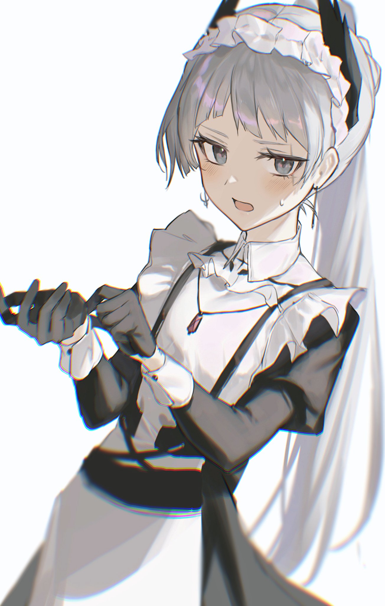 1girl, 2naom8q6gt87292, apron, arknights, black_dress, black_gloves, blurry, blurry_background