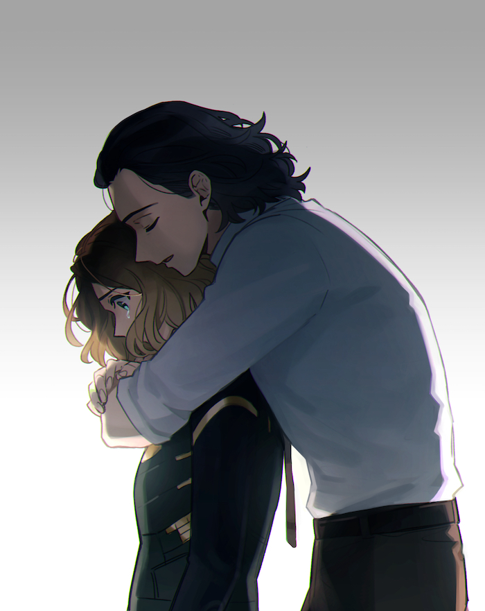 1boy, 1girl, belt, black_hair, black_shirt, blonde_hair, brown_belt, brown_hair