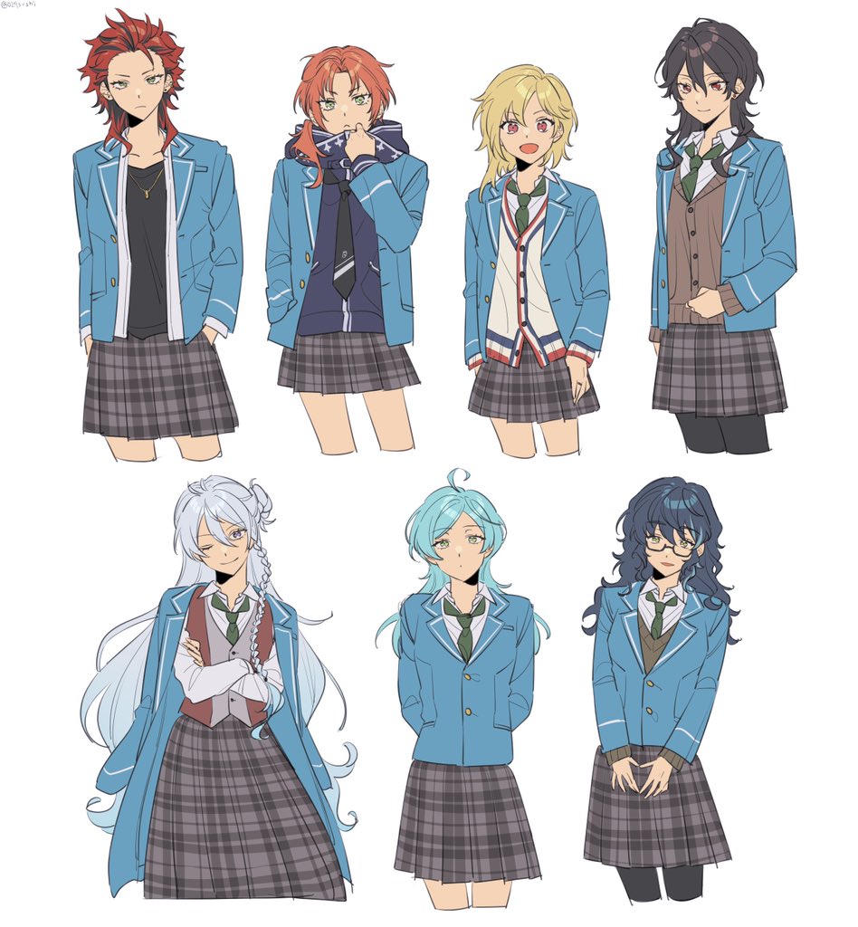 6+girls, ahoge, aoba_tsumugi, black_hair, blazer, blonde_hair, blue_hair, blue_jacket
