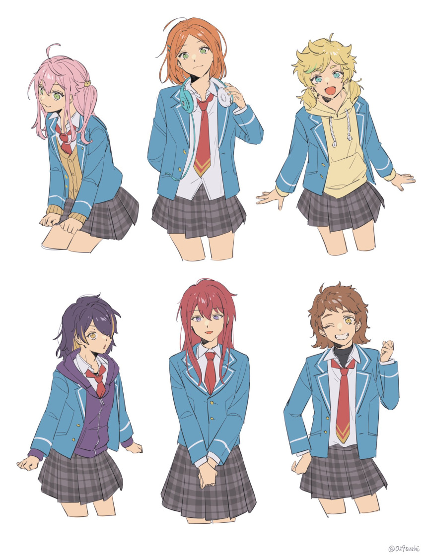 6+girls, ahoge, aoi_yuta, black_skirt, blazer, blonde_hair, blue_eyes, blue_jacket