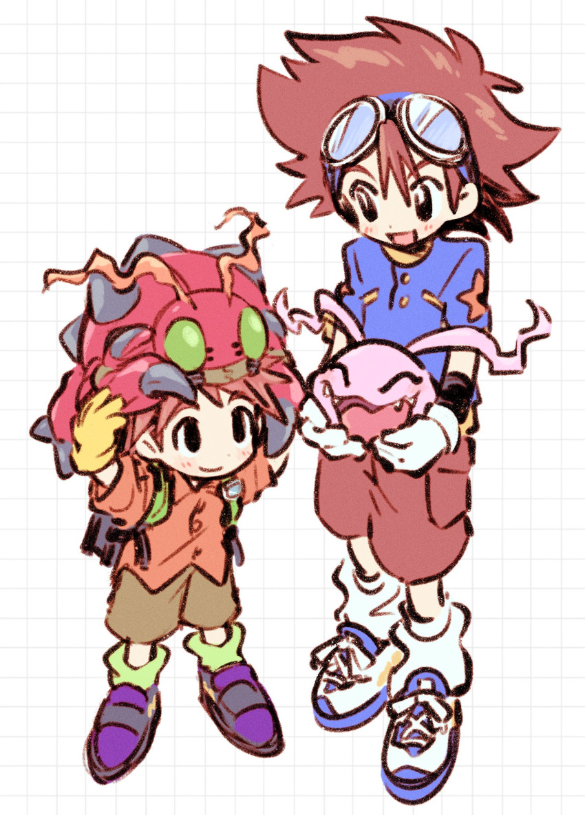 2boys, 2others, brown_shorts, child, closed_eyes, digimon, digimon_(creature), digimon_adventure