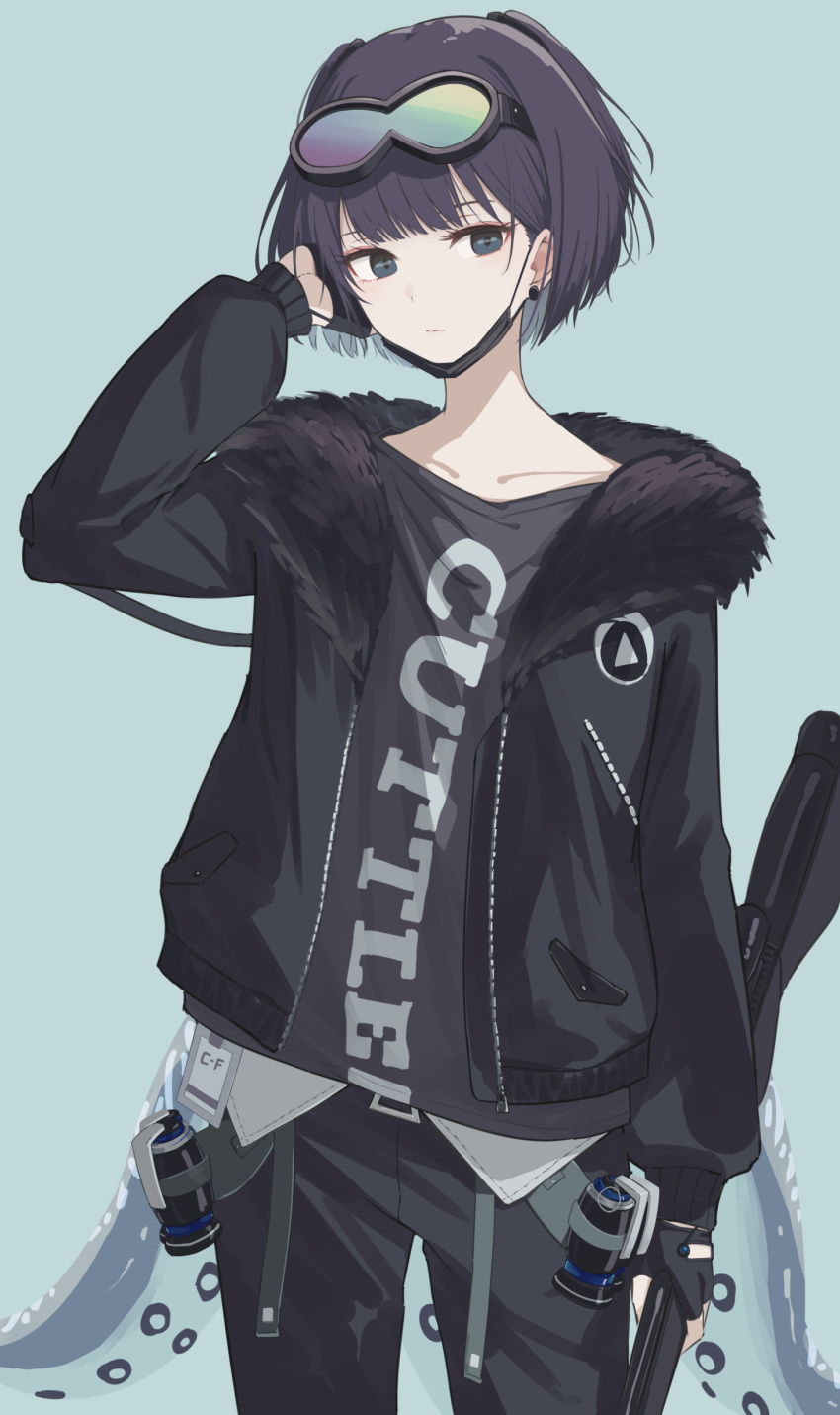 1girl, absurdres, andreana_(arknights), arknights, black_jacket, black_pants, black_shirt, blue_background, blue_eyes, clothes_writing, earrings, explosive, fur-trimmed_jacket, fur_trim, goggles, goggles_on_head, grenade, gun, hand_up, highres, holding, holding_gun, holding_weapon, iwagmo, jacket, jewelry, long_sleeves, looking_at_viewer, mask, mask_pull, mouth_mask, open_clothes, open_jacket, pants, purple_hair, shirt, short_hair, simple_background, solo, tentacles, weapon