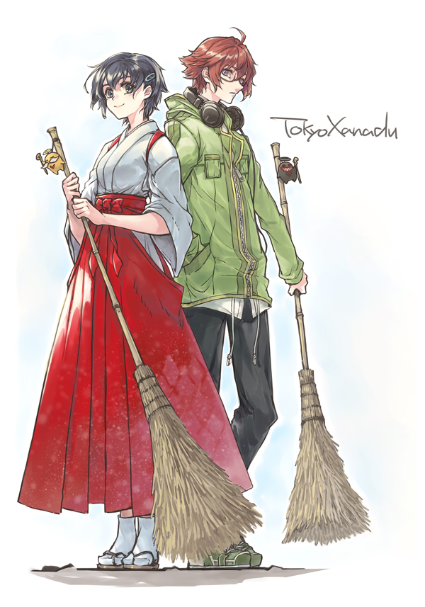 1boy, 1girl, ahoge, black_hair, black_pants, broom, brown_hair, copyright_name