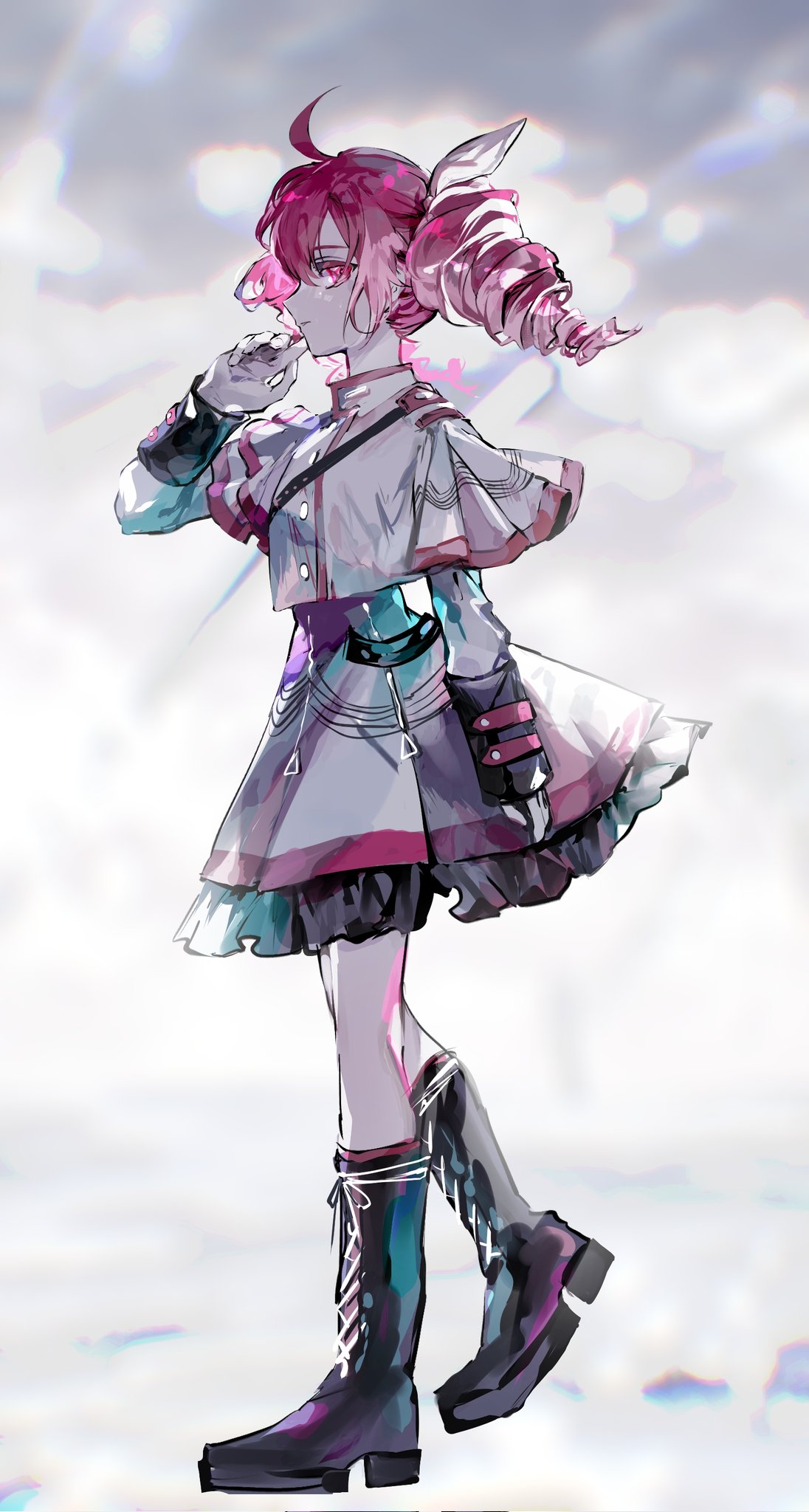 1girl, ahoge, black_footwear, boots, bow, buttoned_cuffs, buttons, cosplay, cross-laced_footwear, dot_pupils, double-breasted, drill_hair, frilled_skirt, frills, from_side, full_body, grey_jacket, grey_skirt, hand_up, highres, jacket, karanagare, kasane_teto, kasane_teto_(cosplay), kasane_teto_(sv), lace-up_boots, layered_skirt, leg_up, light_smile, looking_at_viewer, musical_staff_print, red_trim, redhead, shoulder_belt, shoulder_boards, shoulder_strap, skirt, sleeve_cuffs, solo, standing, standing_on_one_leg, striped, synthesizer_v, twin_drills, uniform, utau, white_bow
