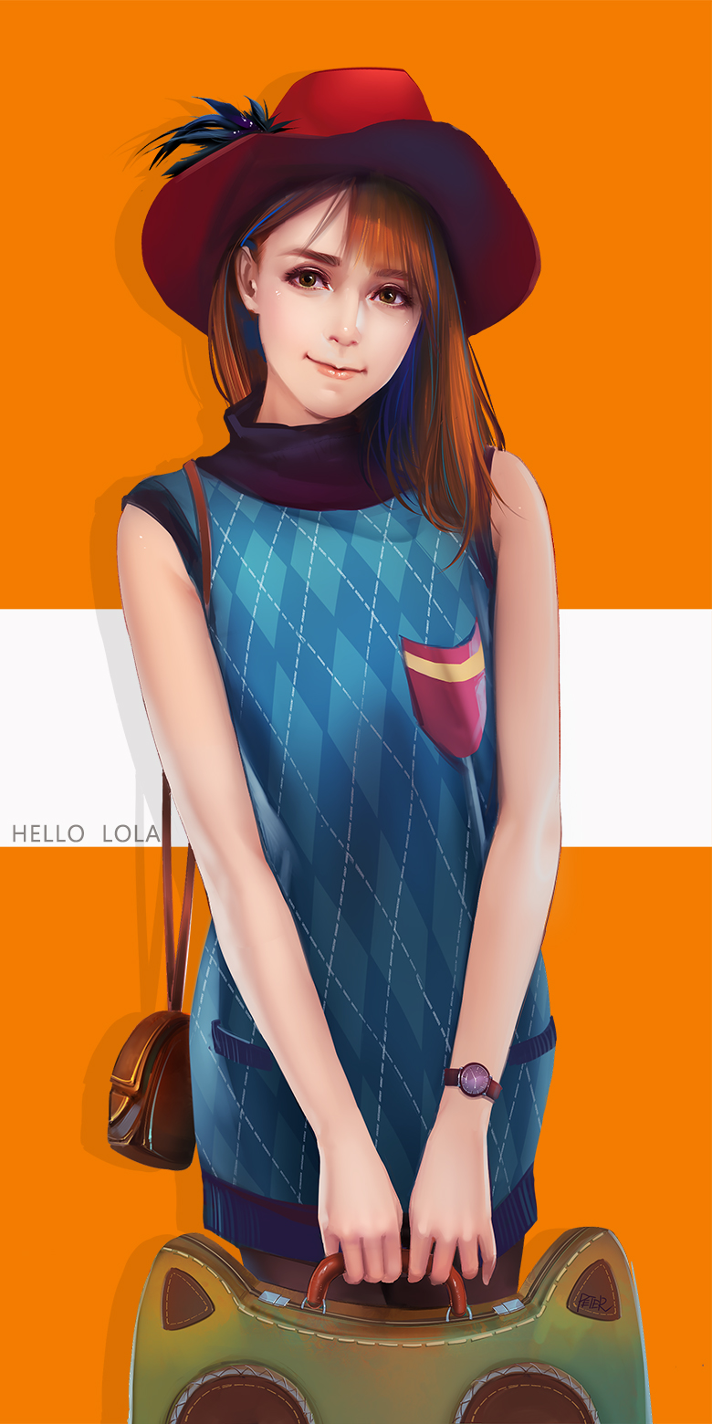 1girl, bag, bare_arms, bare_shoulders, blunt_bangs, breast_pocket, brown_eyes, brown_hair