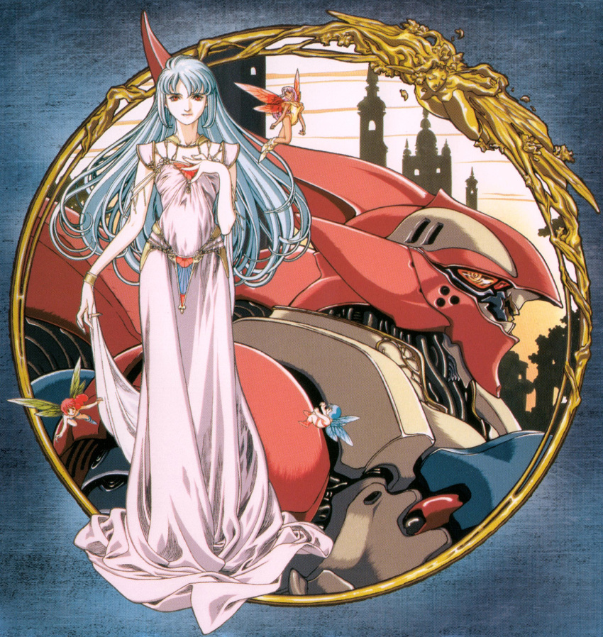 4girls, bel_al, blue_hair, cham_fau, ciela_lapana, dress, el_fino, fairy, fairy_wings, grey_hair, highres, long_hair, looking_at_viewer, mecha, multiple_girls, non-web_source, official_art, pink_hair, red_eyes, redhead, robot, scan, seisenshi_dunbine, standing, wings