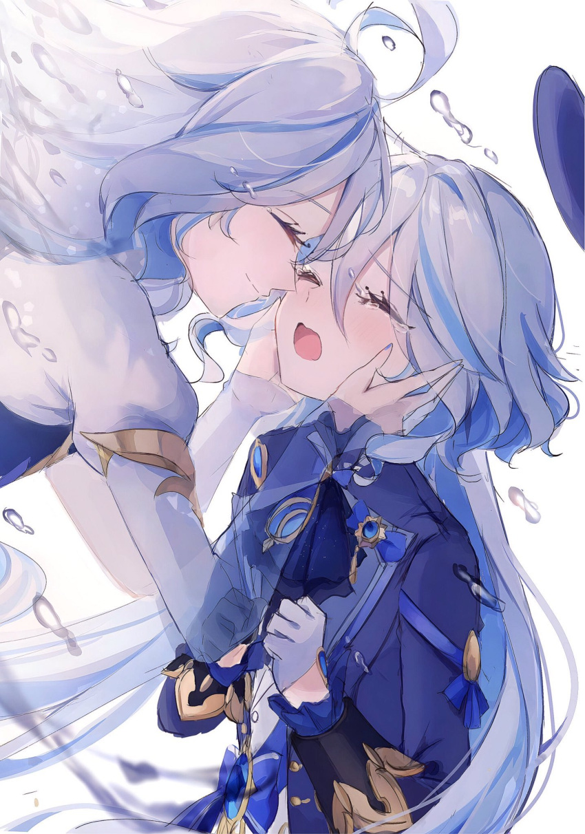 2girls, ahoge, ascot, asymmetrical_gloves, black_gloves, blue_ascot, blue_bow, blue_brooch