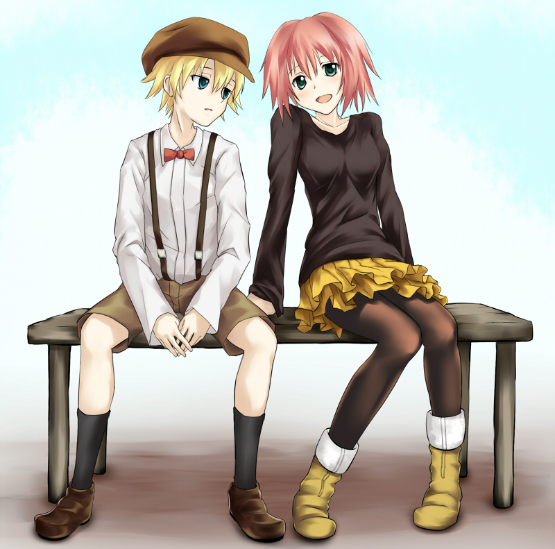 :d, bench, blonde_hair, blue_eyes, blush, boots, bowtie, darker_than_black
