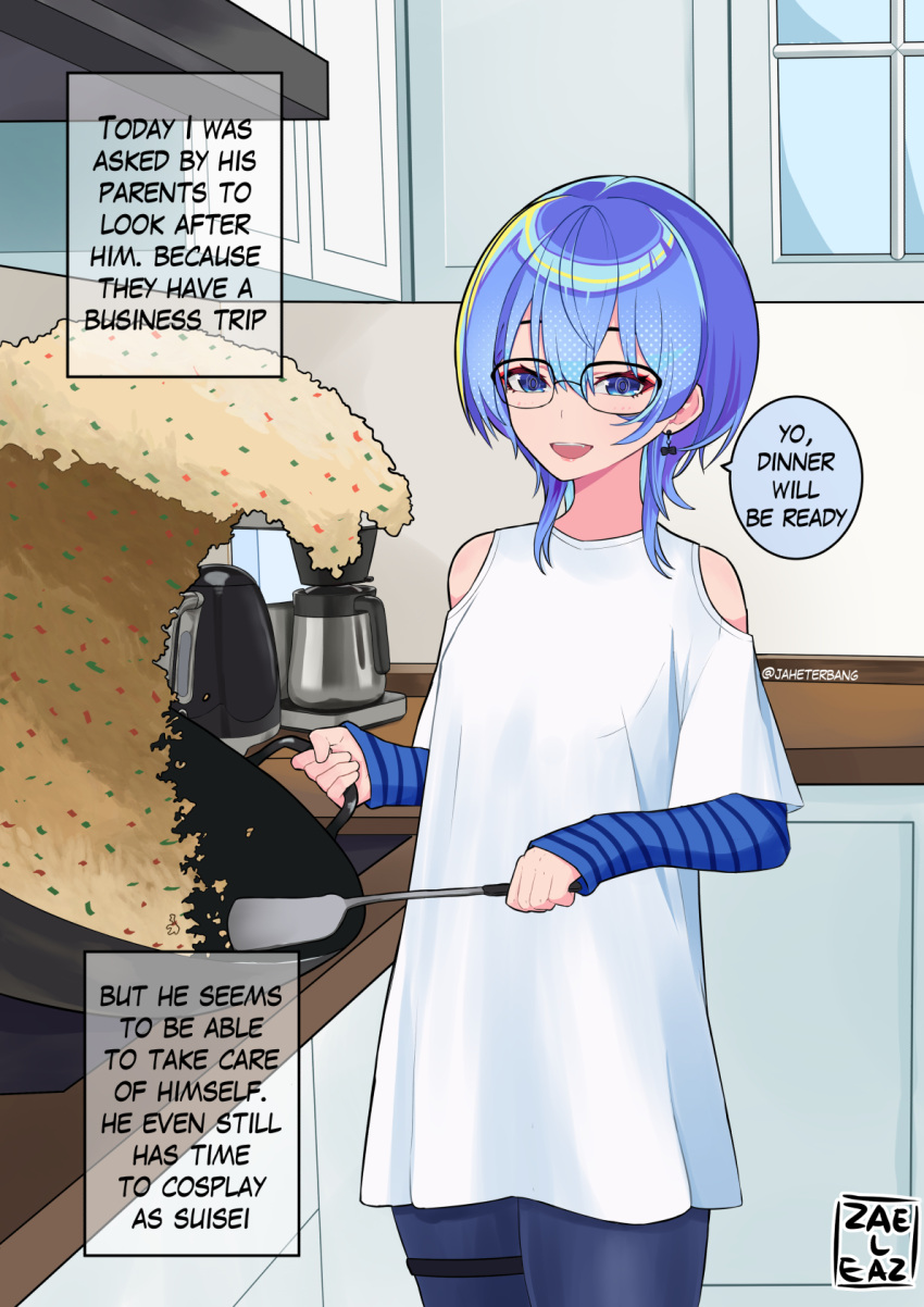 1boy, blue_eyes, blue_hair, clothing_cutout, commentary, cosplay, english_commentary, english_text