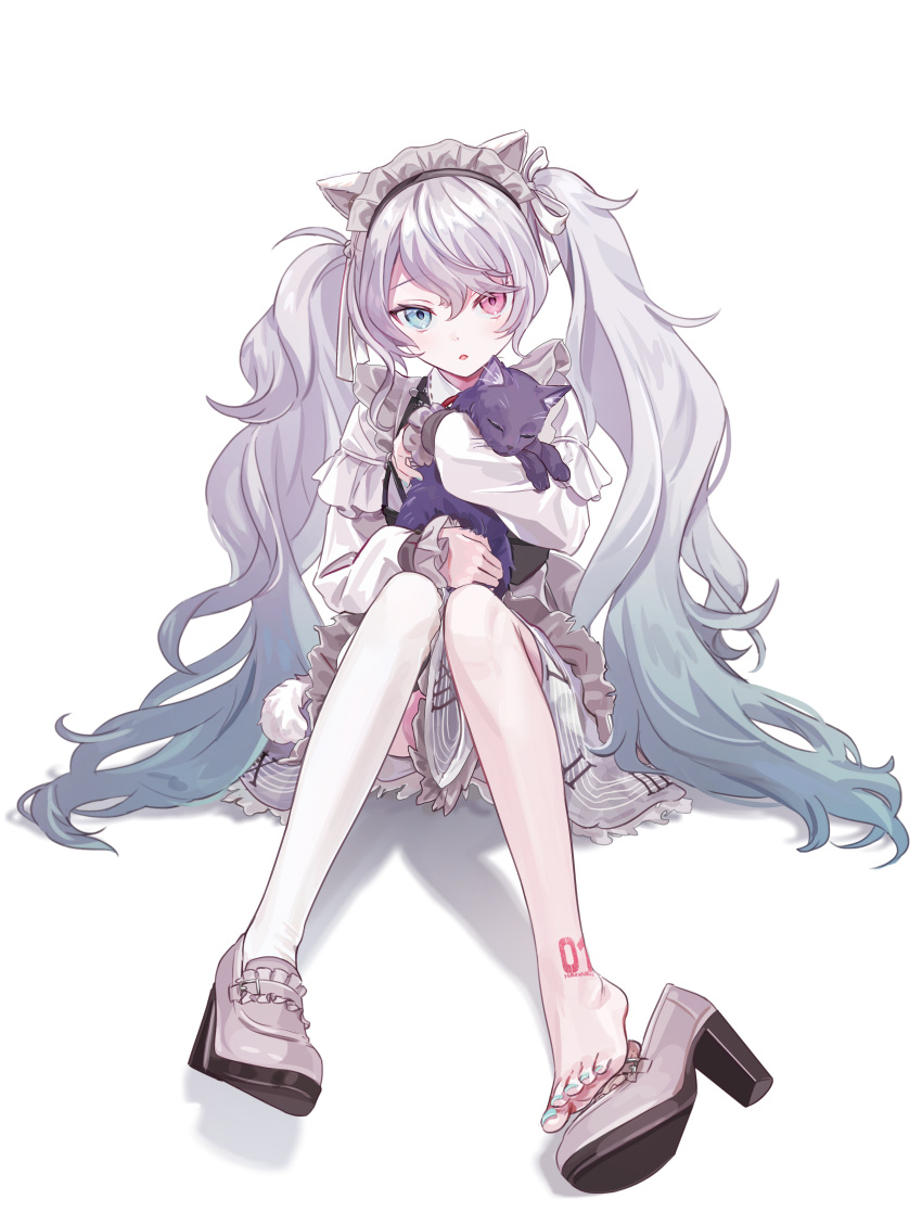 1girl, 25-ji_miku, absurdres, alternate_costume, animal_ears, animal_hug, ankle_tattoo, barefoot, black_cat, blue_eyes, blue_hair, cat, cat_ears, chestnut_mouth, convenient_censoring, enmaided, facing_viewer, feet, frilled_sleeves, frills, full_body, gradient_hair, grey_hair, hair_between_eyes, hair_ribbon, hatsune_miku, heterochromia, highres, hug, knees_together_feet_apart, knees_up, legs, lolita_fashion, long_hair, looking_at_viewer, maid, maid_headdress, multicolored_hair, nail_polish, pink_eyes, project_sekai, ribbon, shoes, single_shoe, single_thighhigh, sitting, thigh-highs, toenail_polish, toenails, toes, unworn_shoes, very_long_hair, vocaloid, vs0mr, white_thighhighs