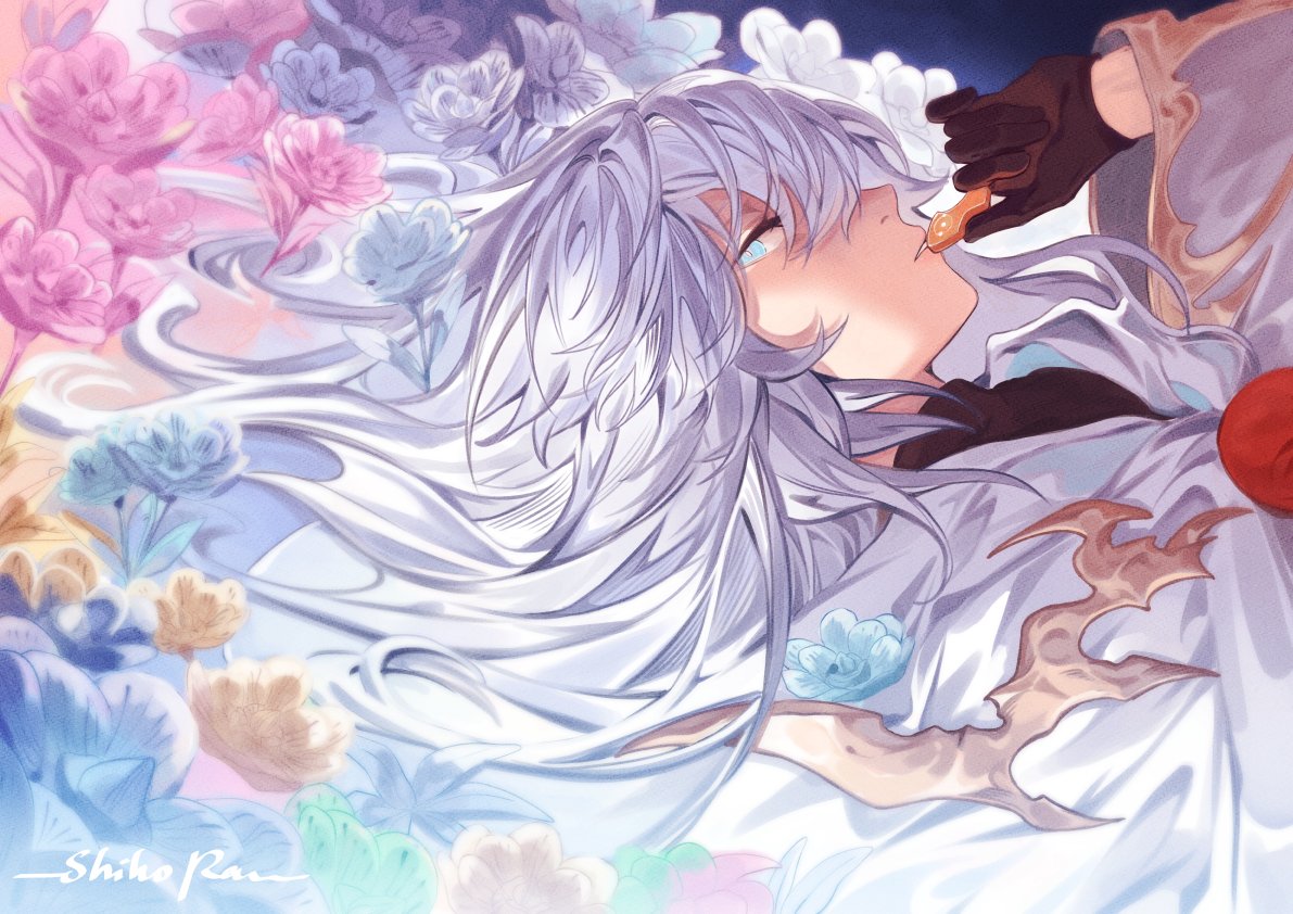 1boy, bishounen, black_gloves, blue_eyes, blue_flower, commentary, crystal, dutch_angle