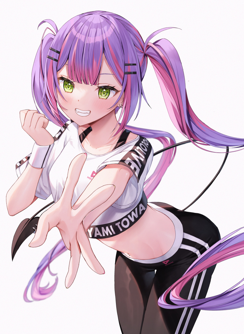 1girl, absurdres, blunt_bangs, clenched_hand, clenched_teeth, cropped_shirt, demon_tail, earrings