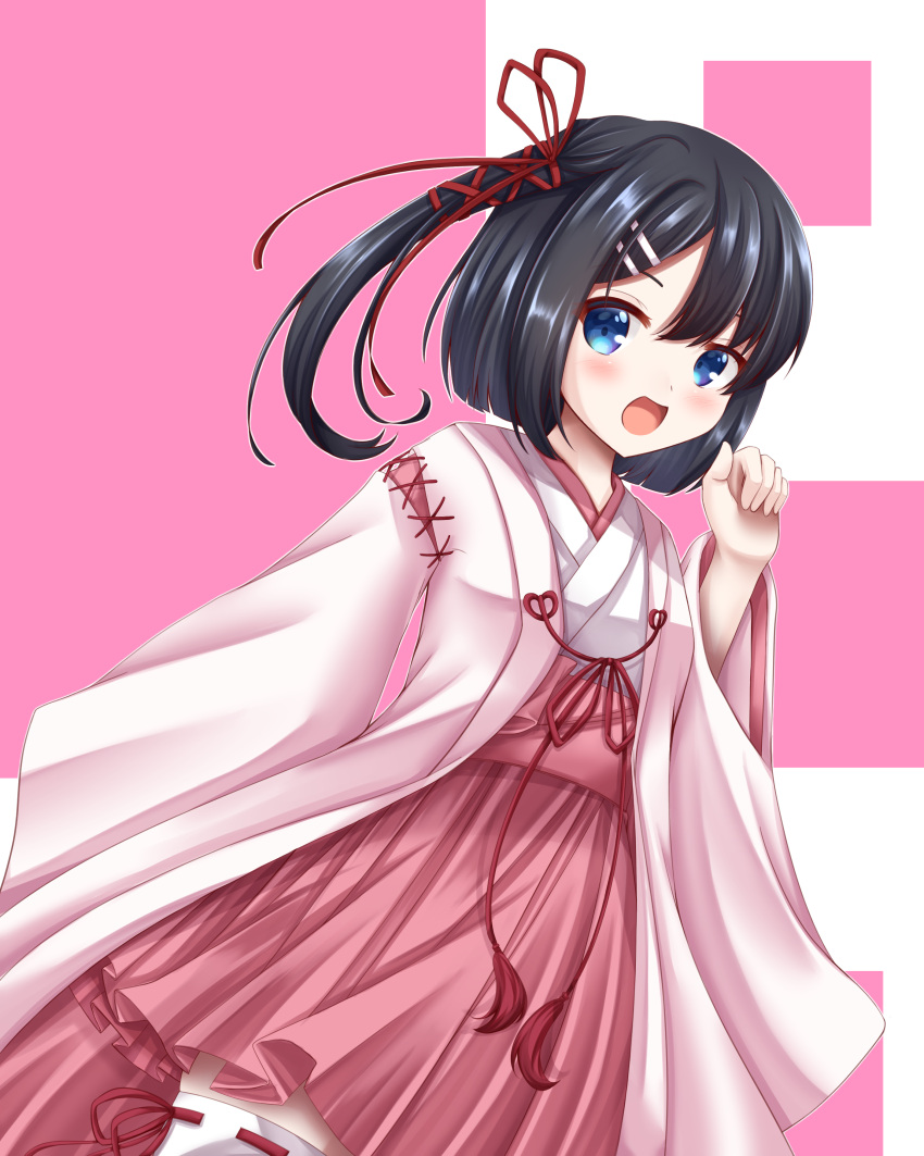 1girl, :d, absurdres, black_hair, blue_eyes, blush, bob_cut, clenched_hand