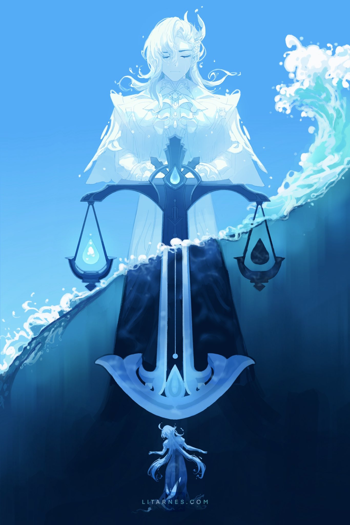 balance_scale, blue_sky, clouds, genshin_impact, highres, litarnes, neuvillette_(genshin_impact), ocean