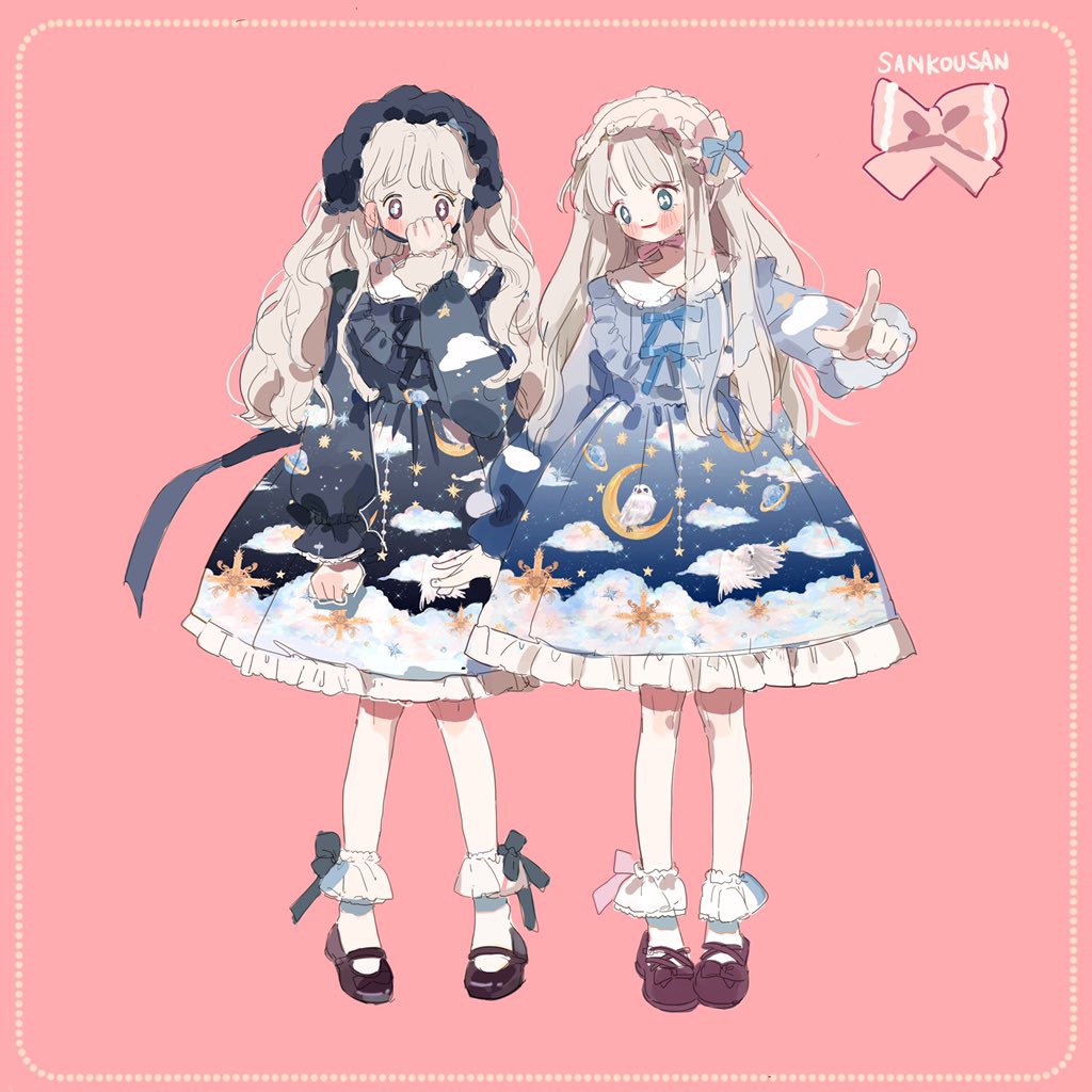 2girls, ankle_cuffs, black_bow, black_dress, black_footwear, black_hairband, blonde_hair, blue_bow