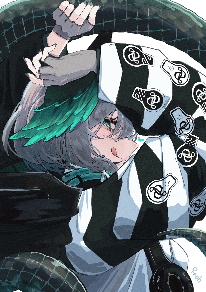 1girl, arknights, arms_up, artist_name, blush, breasts, commentary_request, feathered_wings, fingerless_gloves, from_side, gloves, green_eyes, grey_gloves, grey_hair, grey_nails, hair_between_eyes, head_wings, heart, ho'olheyak_(arknights), itoh_yamori, light_smile, long_sleeves, looking_at_viewer, medium_breasts, scales, simple_background, snake_tail, solo, tail, tongue, tongue_out, two-tone_wings, white_background, wide_sleeves, wings