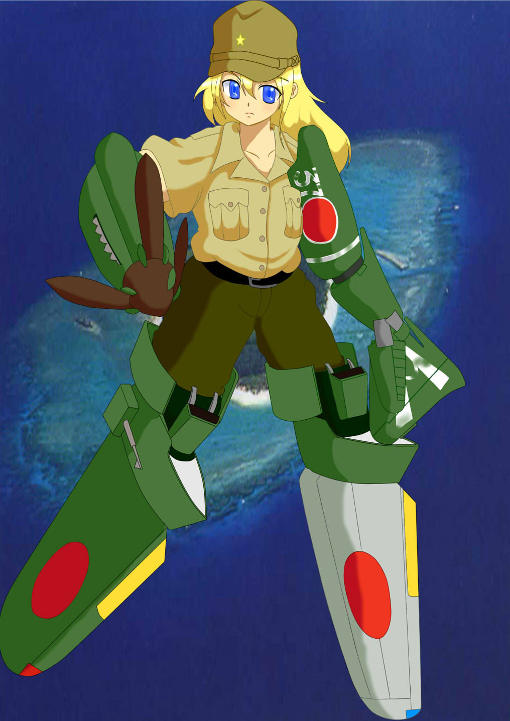airplane, blonde_hair, blue_eyes, flat_chest, hat, imperial_japanese_army, jun_matsu, kawasaki_ki-61_hien, long_hair, mecha_musume, military, military_uniform, propeller, solo, star, uniform, wwii