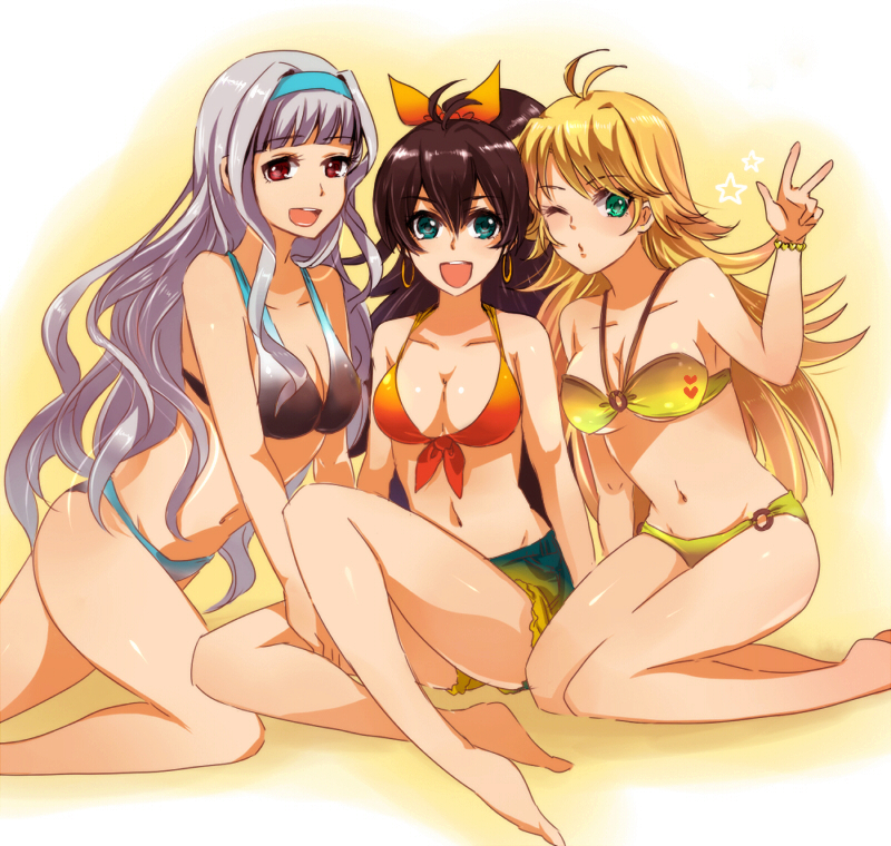 barefoot, bikini, black_hair, blonde_hair, blue_eyes, bow, breasts, cleavage, earrings, front-tie_top, ganaha_hibiki, green_eyes, hair_bow, halter_top, halterneck, hoshii_miki, idolmaster, jewelry, kneeling, legs, long_hair, masaki_(celesta), multiple_girls, o-ring_bottom, o-ring_top, ponytail, red_eyes, shijou_takane, silver_hair, sitting, swimsuit, v, wink